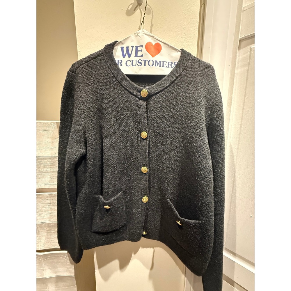 Zara Black Knit Cardigan Gold Crest Button Front Pocket Sweater XL